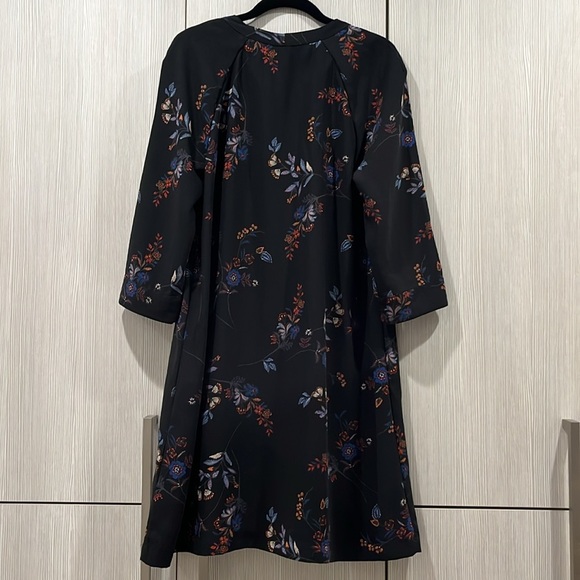 H&M Black Blue Floral Shift Dress High Neck Tie Bell Sleeves Size 8 - Picture 3 of 12